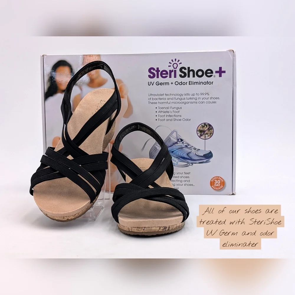 Life Stride Mallory Sz 9M Women's Black Elastic Straps Cork Texture Wedge Sandal
